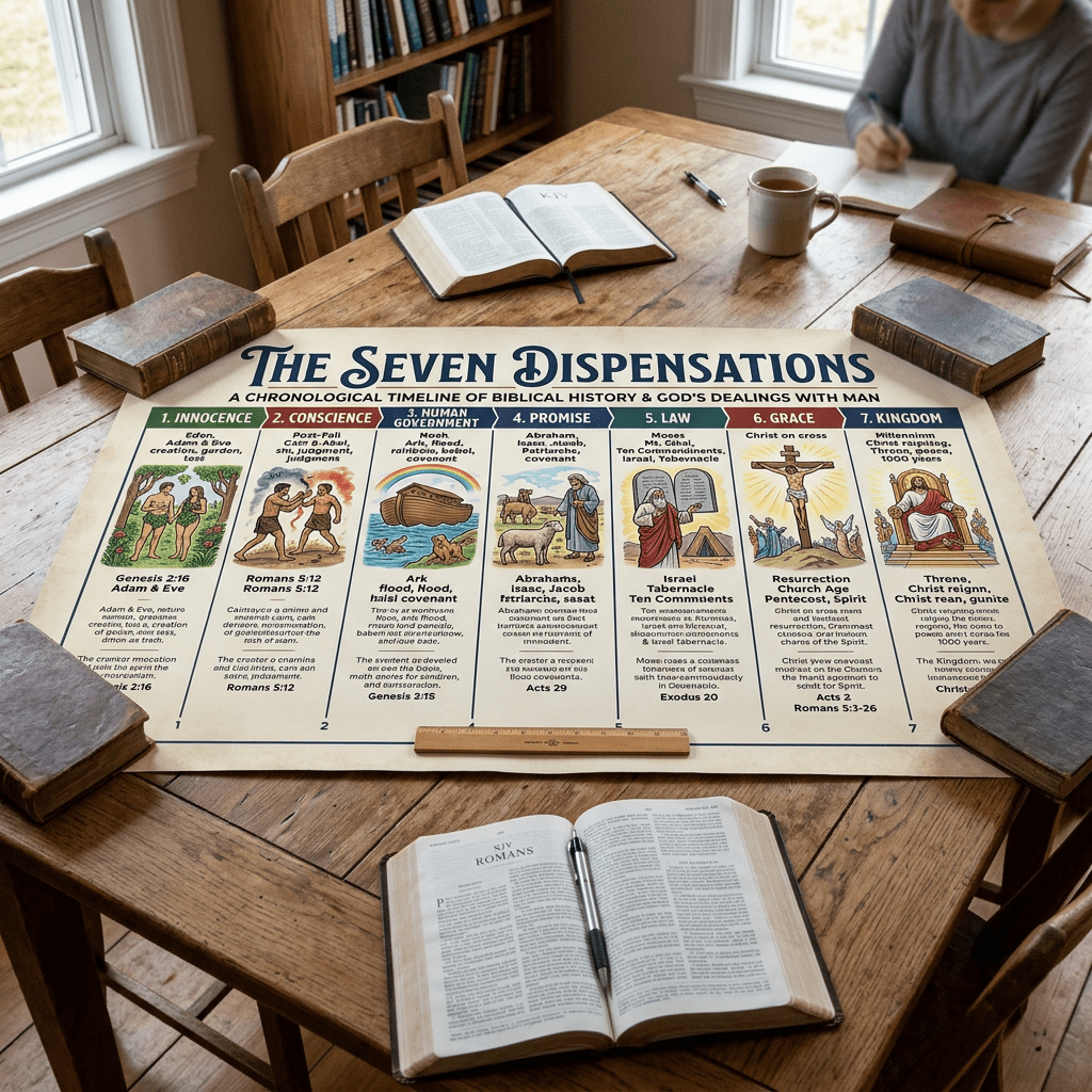 Poster showing seven dispensations on table