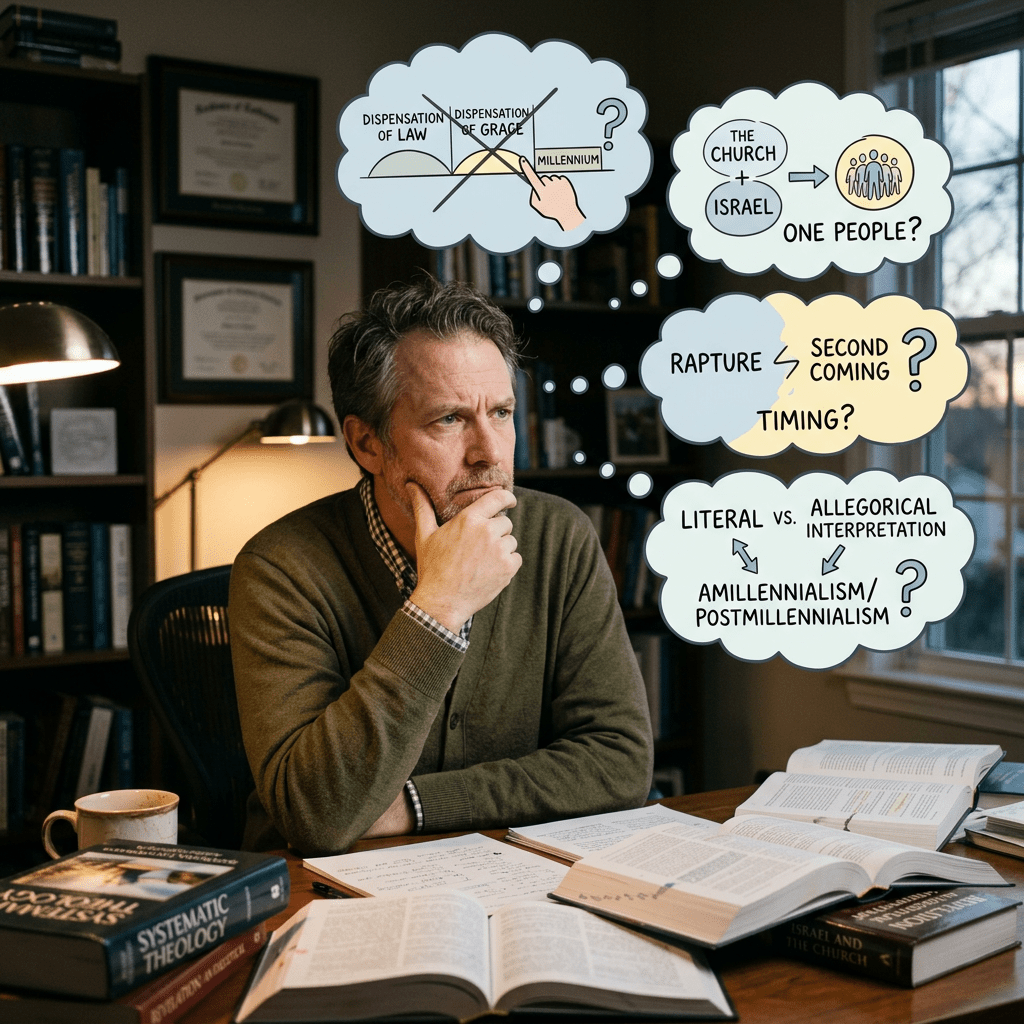 Man thinking deeply with theological books and questions about rapture, millennium, church, Israel