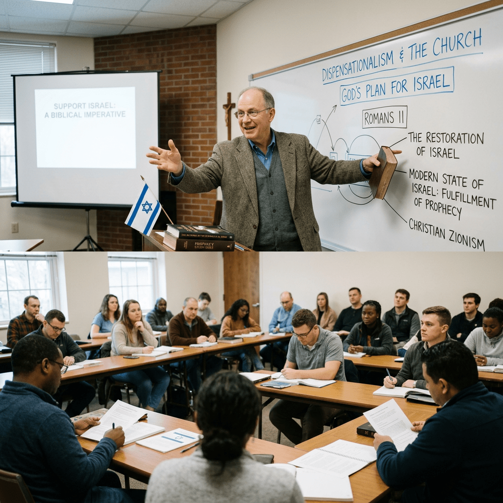 Professor teaching dispensationalism and God's plan for Israel to attentive adult students in a classroom