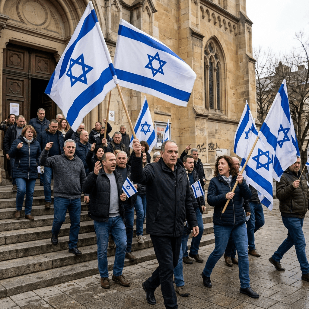 A group of people holding and waving Israeli flags outside a large stone building
