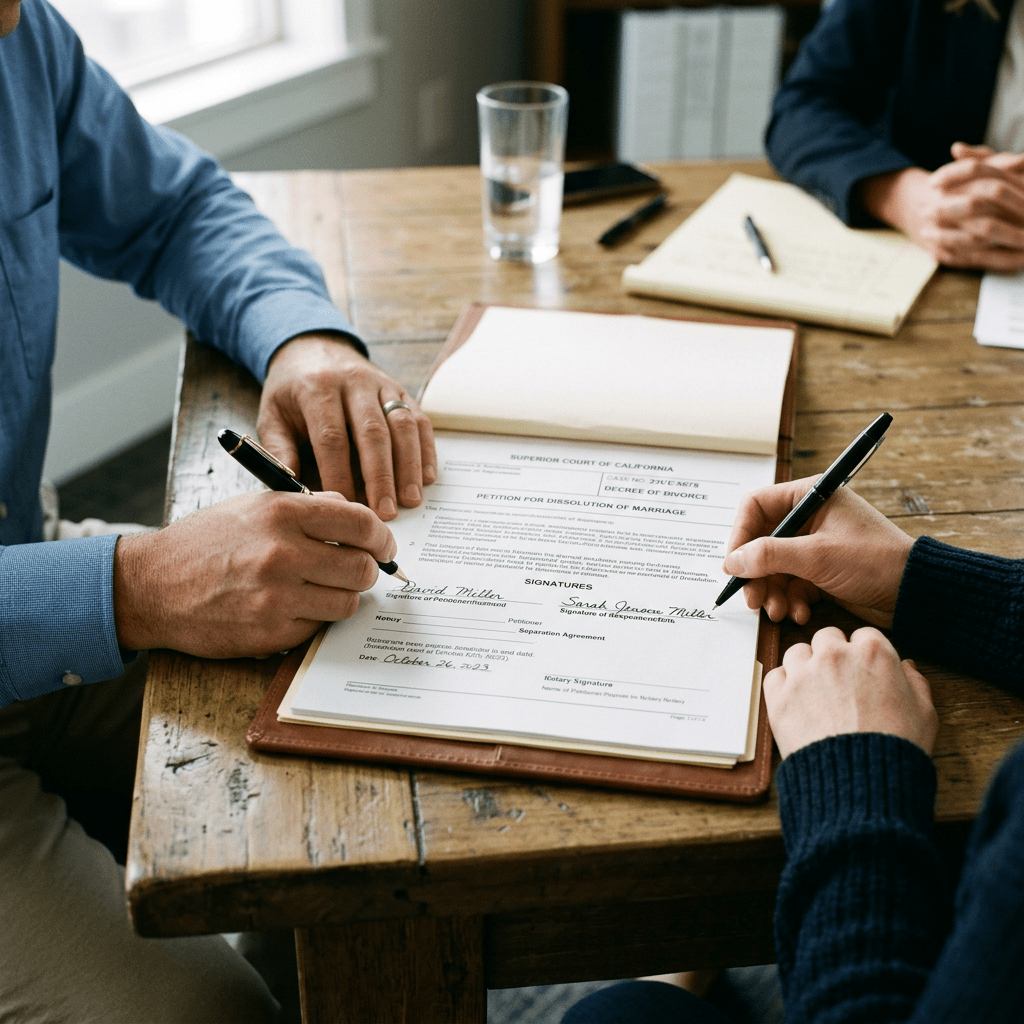 Divorce document on table, two hands signing