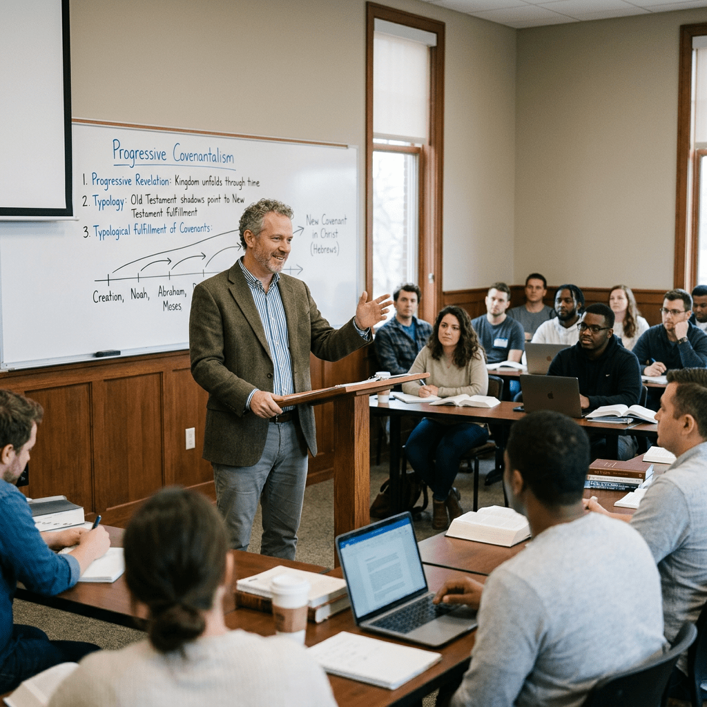 Professor lecturing on progressive covenantalism with students listening and taking notes