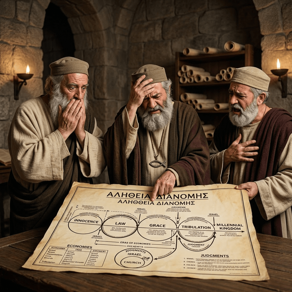 Three Orthodox clergymen in black robes examining a large diagram titled 'Dispensational Truth'