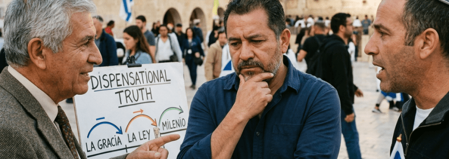 Three men discussing Dispensational Truth with a Bible and a sign near the Western Wall