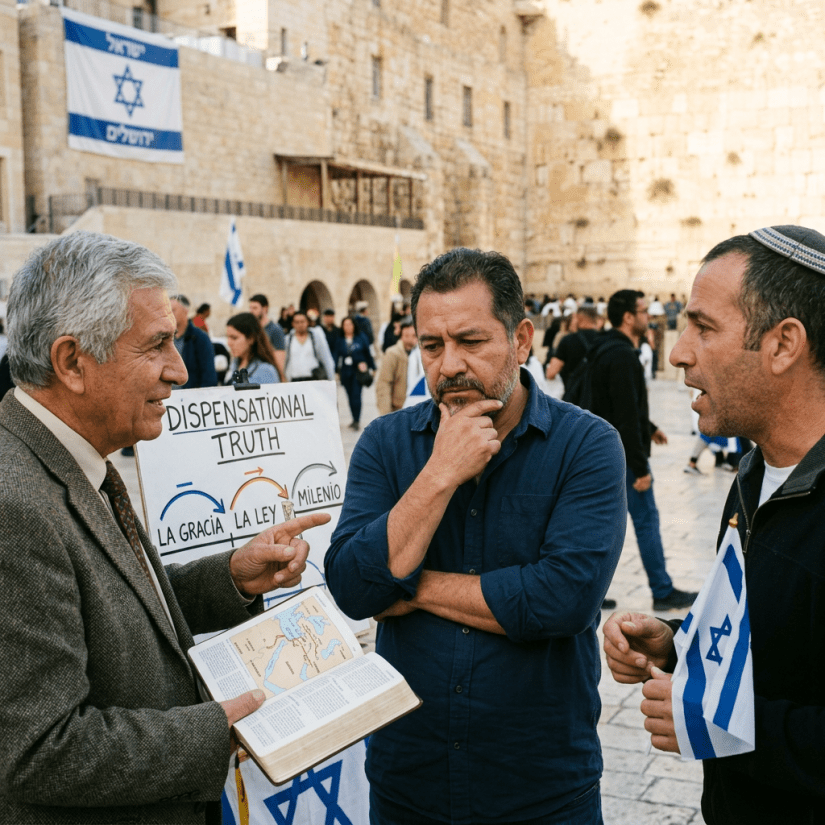 Three men discussing Dispensational Truth with a Bible and a sign near the Western Wall