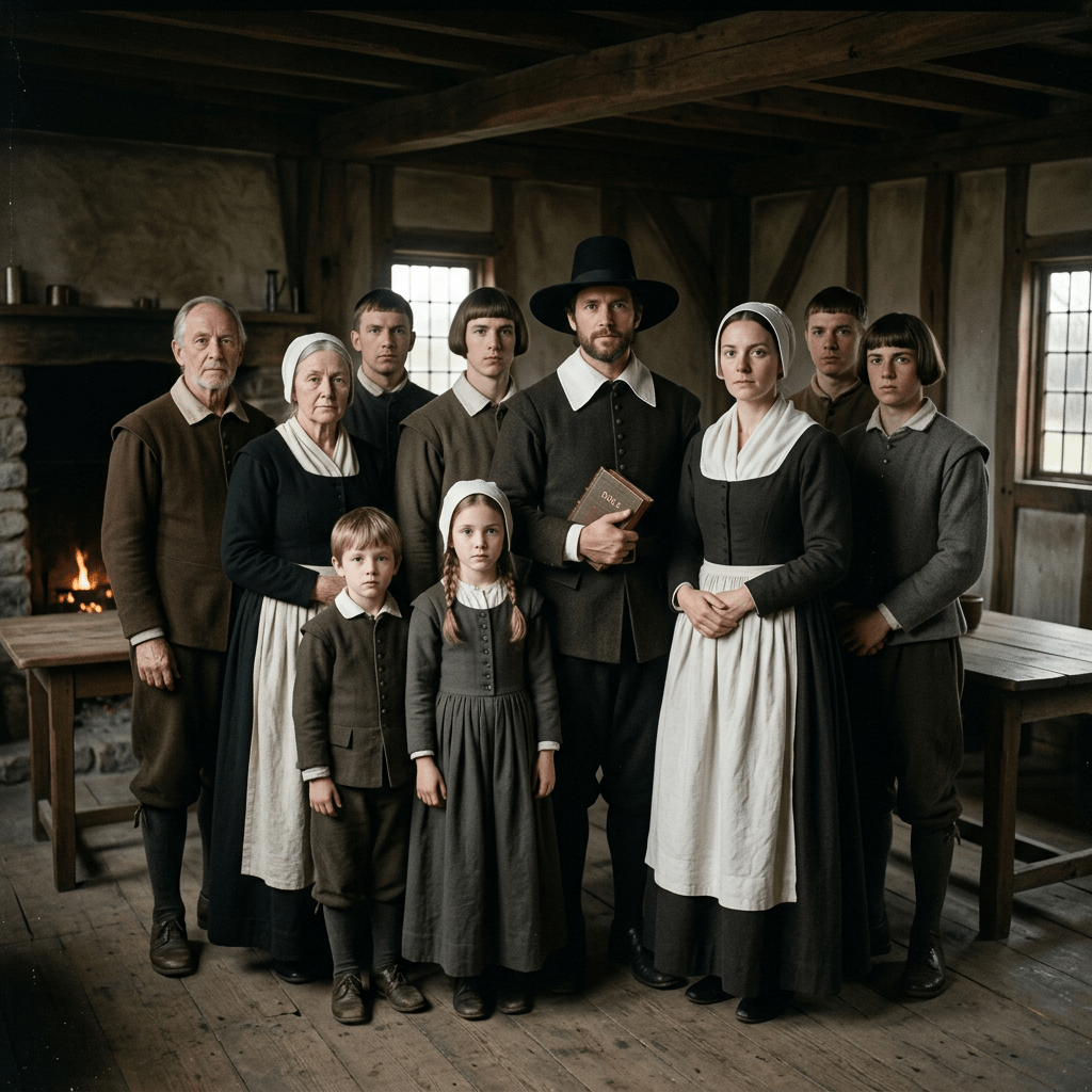 Puritan family in traditional 17th-century clothing standing indoors with a wooden ceiling and fireplace