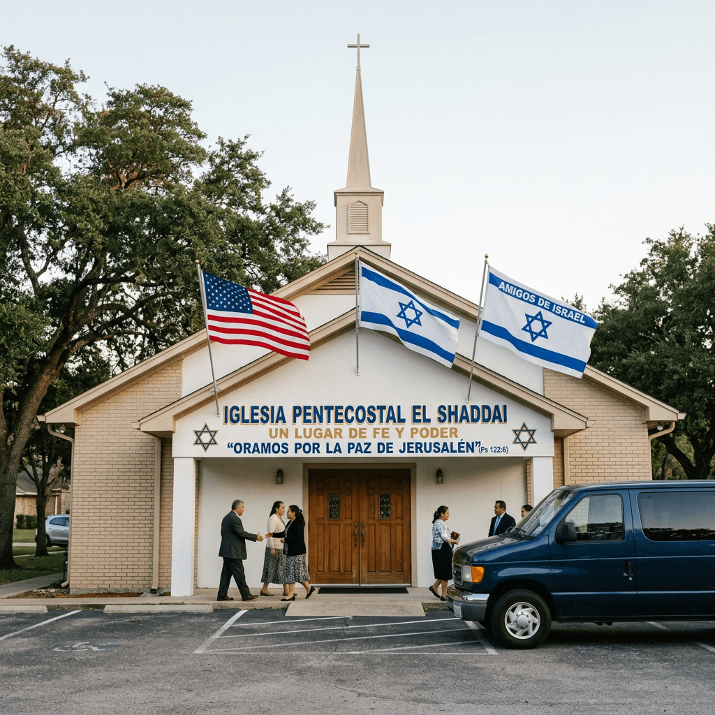 Front of Iglesia Pentecostal El Shaddai church with American and Israeli flags and people greeting outside