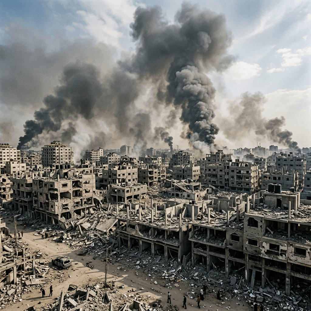 Gaza destruida con edificios en ruinas y humo