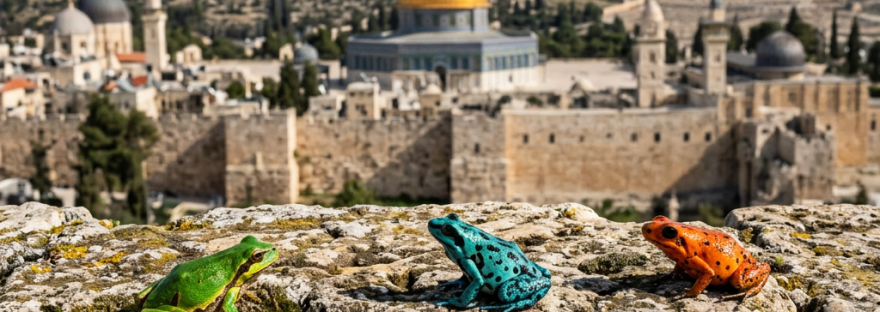 Three colorful frogs on wall, Jerusalem behind