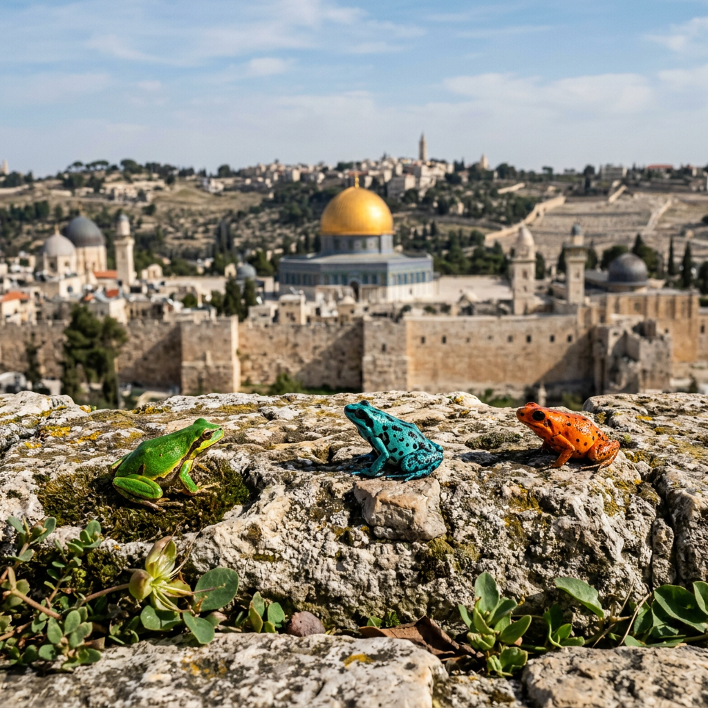 Three colorful frogs on wall, Jerusalem behind