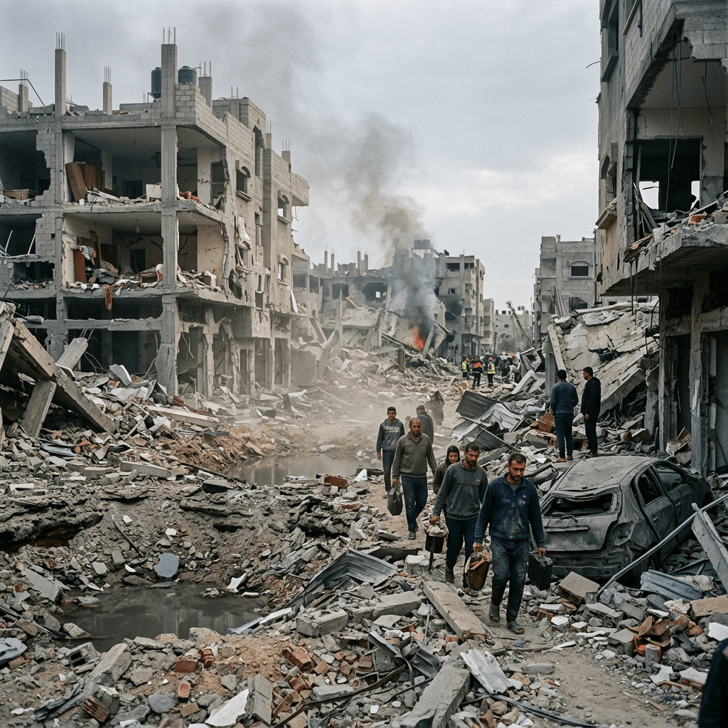 Civilians walking through rubble and damaged buildings in a bombed urban area with smoke and fire in the background
