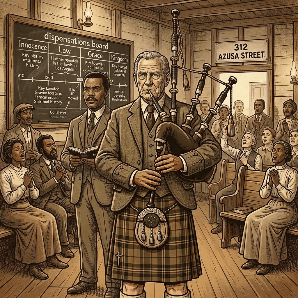 Scottish man with bagpipes claims all Scotsmen love haggis, while another Scottish man disagrees, and the first man redefines 'true' Scotsman to exclude him.