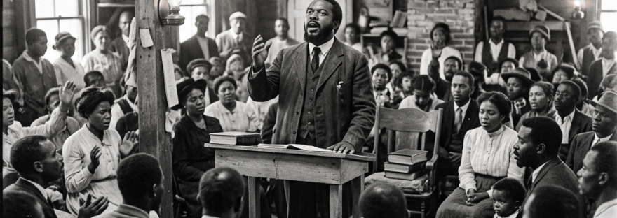 Afro-American preacher speaking to a seated congregation in a rustic church