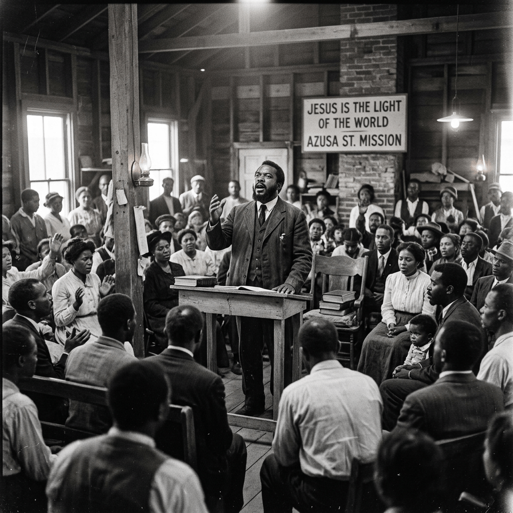 Afro-American preacher speaking to a seated congregation in a rustic church