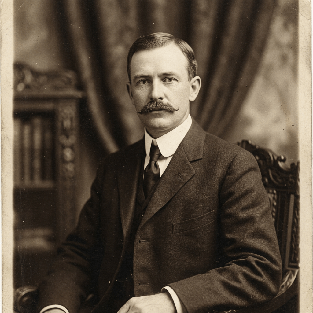 Portrait of a seated man with a mustache wearing a suit and tie