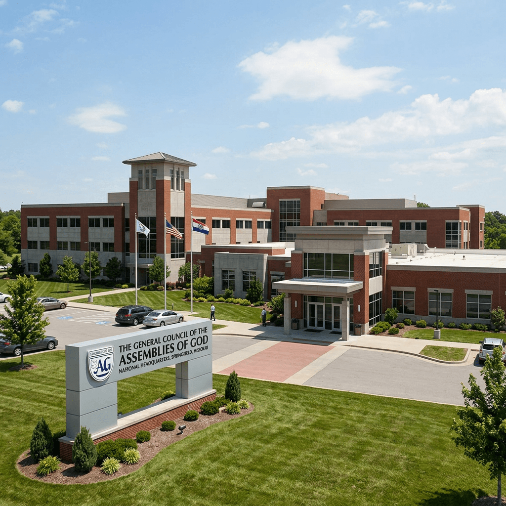 The General Council of the Assemblies of God National Headquarters building with sign and flags in front