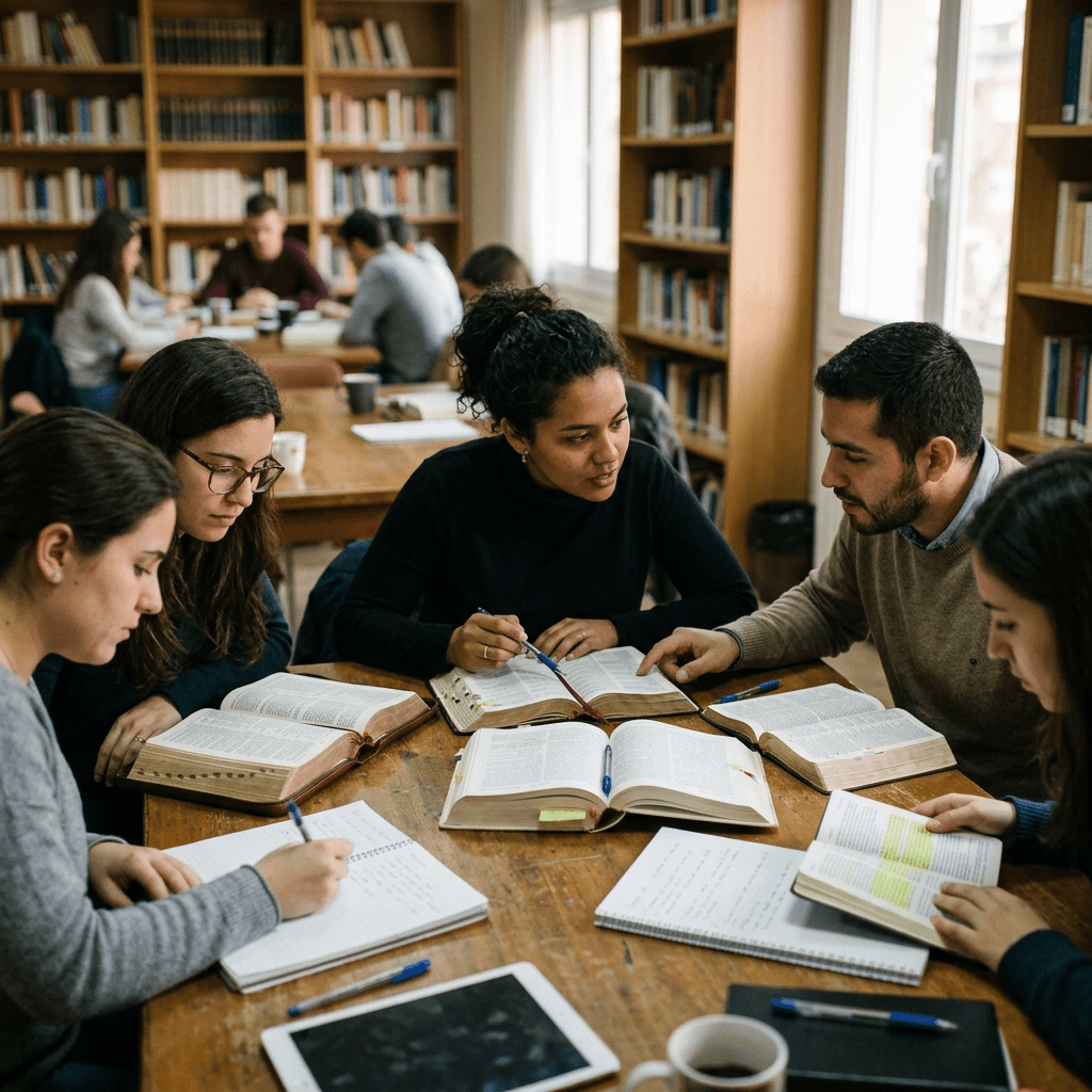Five students sitting around a table reading books and taking notes in a library