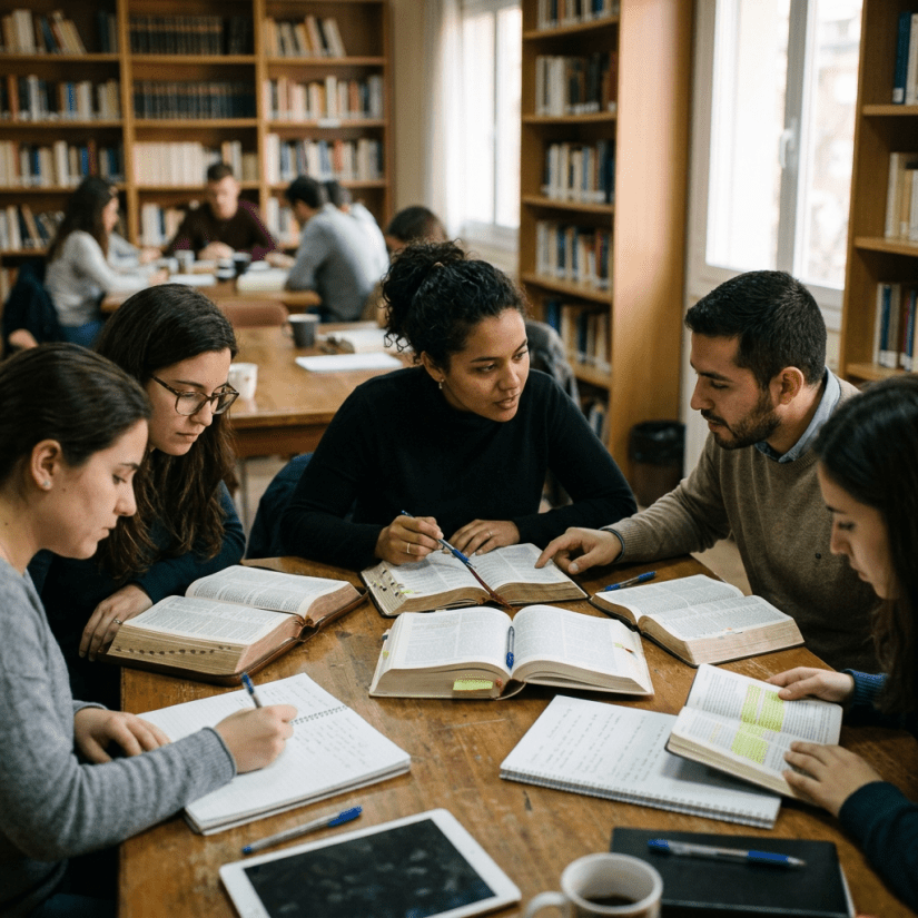 Five students sitting around a table reading books and taking notes in a library