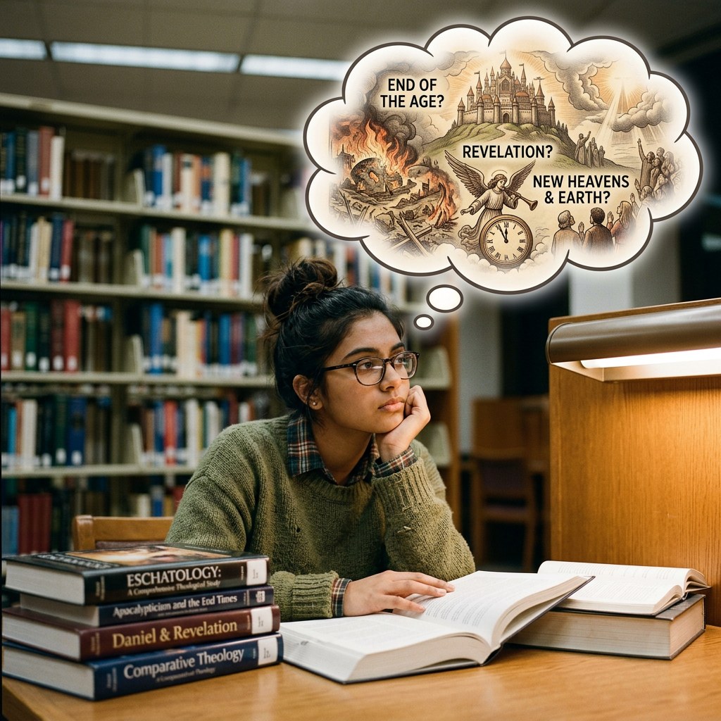 Student studying eschatology, thought bubble above head