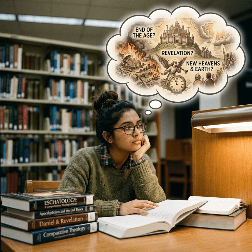 Student studying eschatology, thought bubble above head