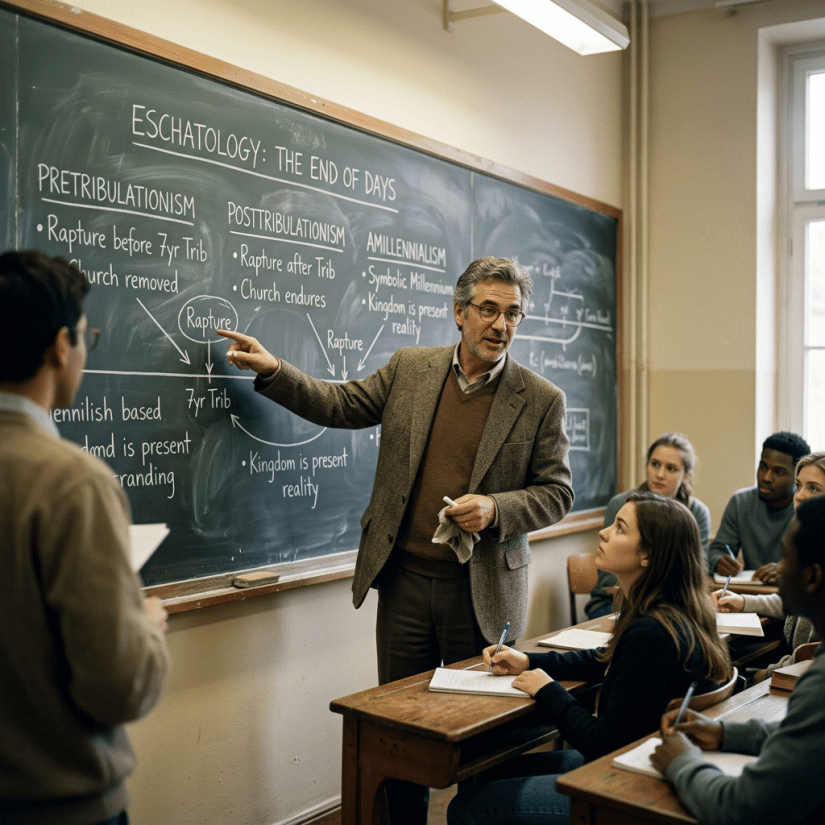 Teacher explaining eschatological views on chalkboard
