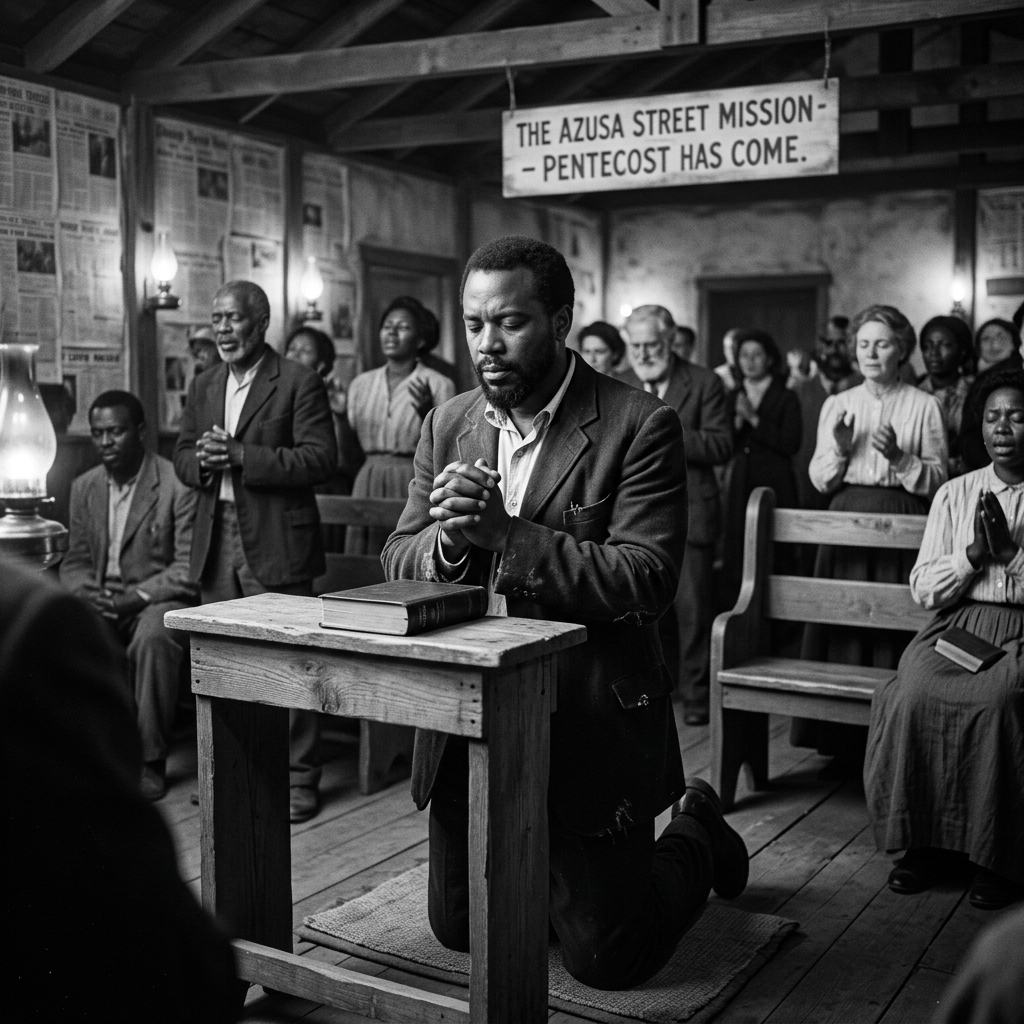 Man kneeling in prayer at wooden prayer bench with congregation behind