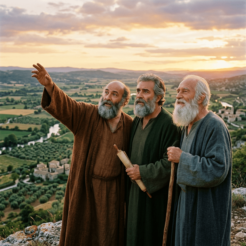 Three elderly men in traditional robes, one holding a scroll, overlooking a countryside valley at sunset
