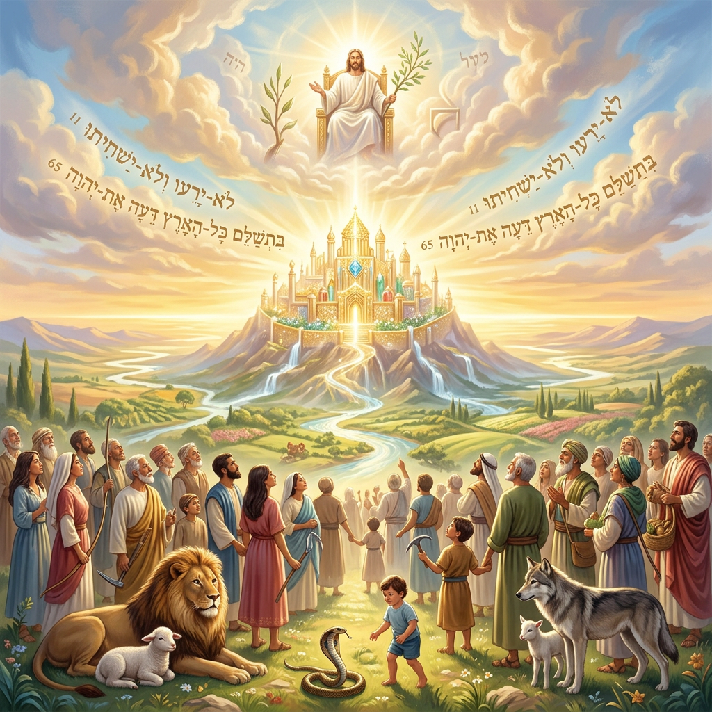 Group of people and animals looking at a glowing city atop a mountain with a figure in white holding olive branches above