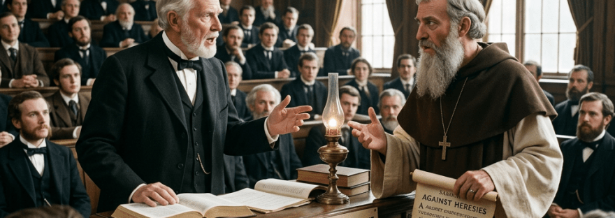 Two men debating Christian doctrine in a formal setting with an attentive audience