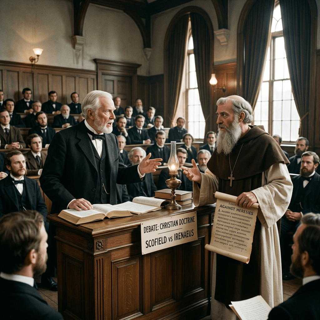 Two men debating Christian doctrine in a formal setting with an attentive audience