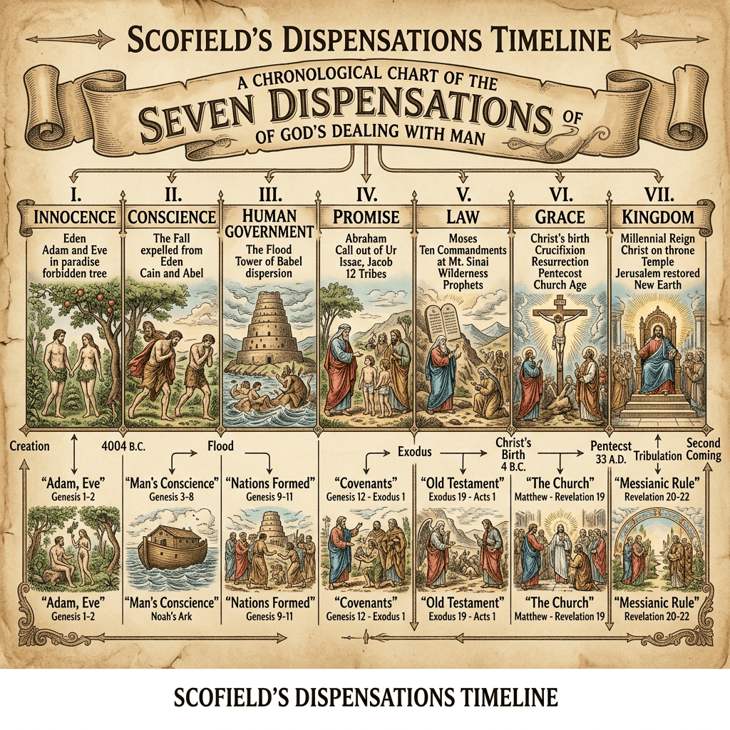Chart showing seven dispensations with biblical events from creation to the second coming