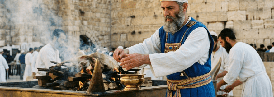 Man in traditional blue and white garments performing a ritual with fire on a stone altar