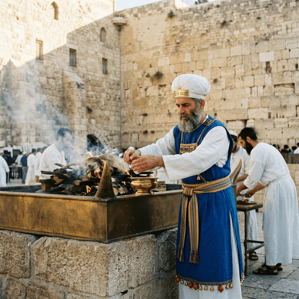 Man in traditional blue and white garments performing a ritual with fire on a stone altar