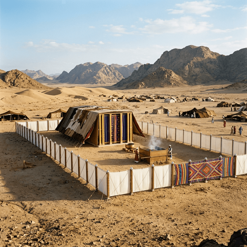 Ancient tabernacle model in desert surrounded by white fabric panels and colorful curtains