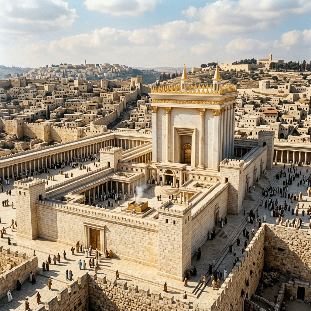 Reconstruction of the Second Temple in Jerusalem surrounded by ancient city walls and people