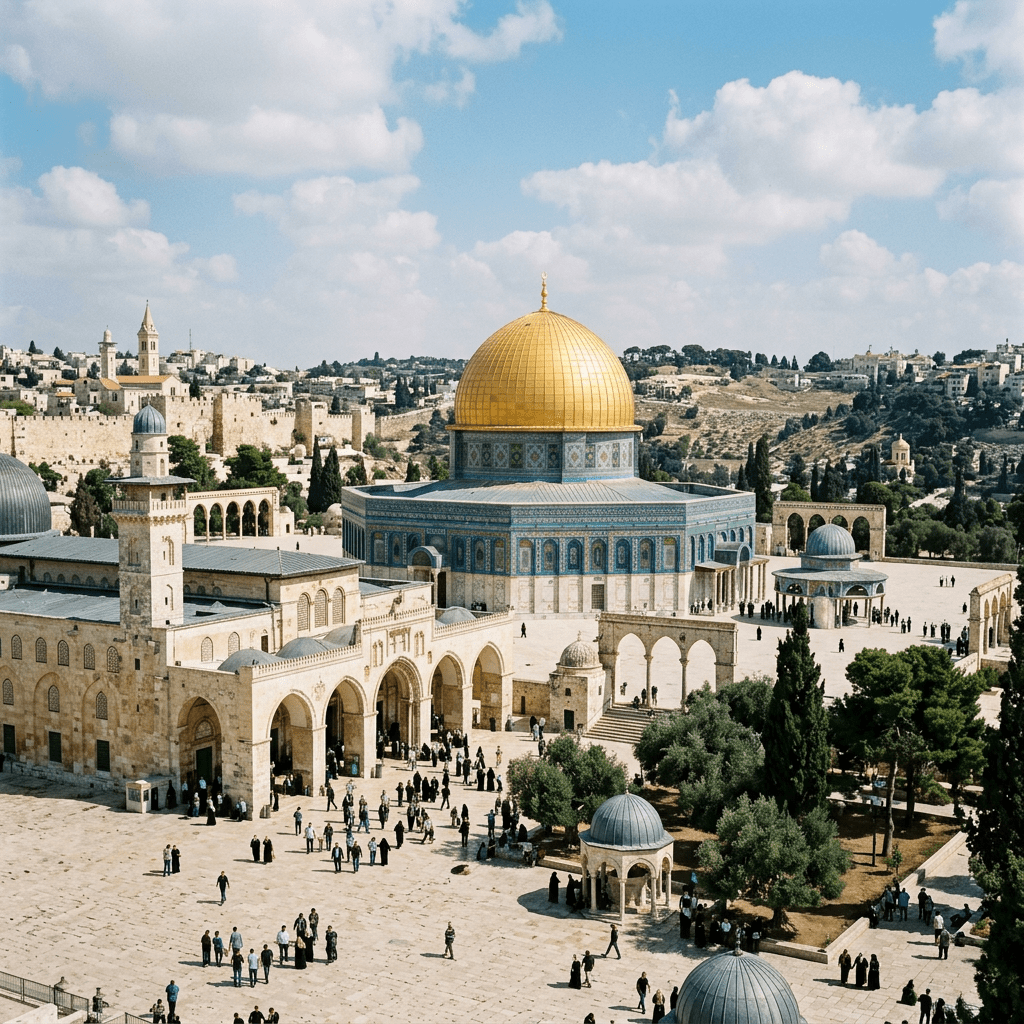 Dome of the Rock with golden dome and visitors in plaza in Jerusalem