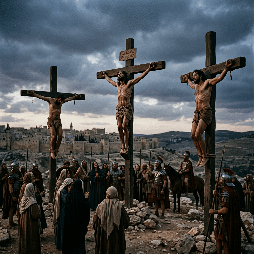Three men crucified on wooden crosses with crowd and Roman soldiers below