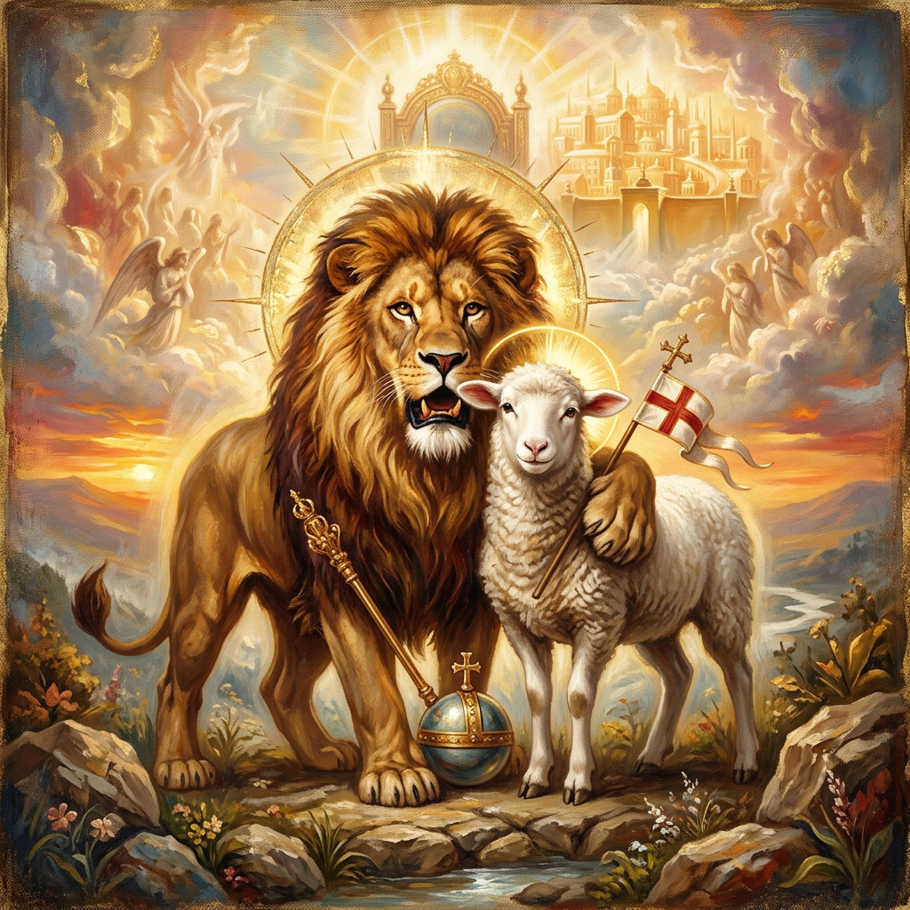 Lion and lamb standing side by side with golden halos and Christian symbols