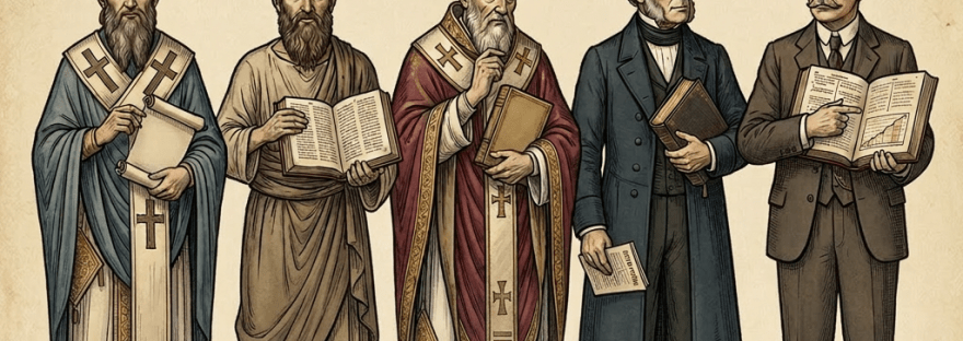 Portraits of Irenaeus, Papias, Augustine, John Nelson Darby, and Cyrus I. Scofield with labels of their contributions and dates