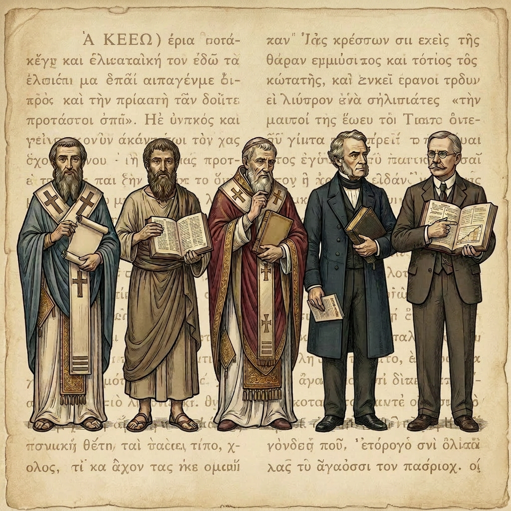 Timeline of Dispensational Thought Leaders Portraits of Irenaeus, Papias, Augustine, John Nelson Darby, and Cyrus I. Scofield with labels of their contributions and dates