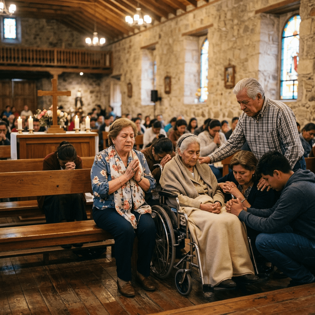 Family praying around elderly woman in wheelchair inside church