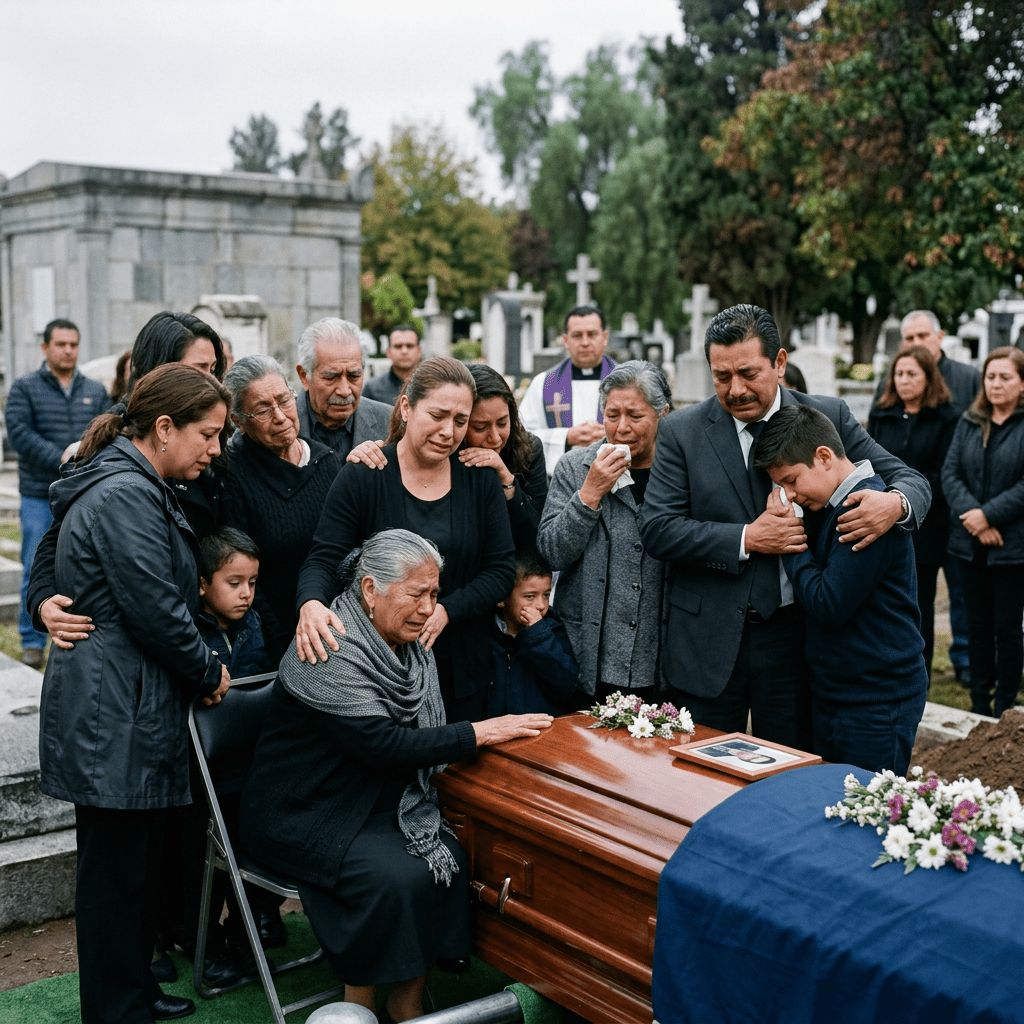 Family grieving together around a wooden coffin at a cemetery