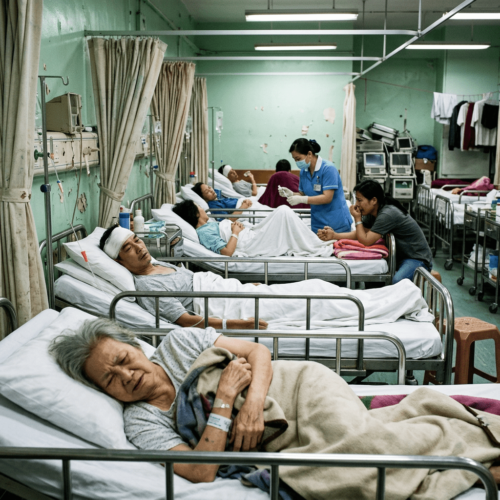 Multiple patients lying in hospital beds in a crowded ward with a nurse attending one patient and a visitor sitting beside another