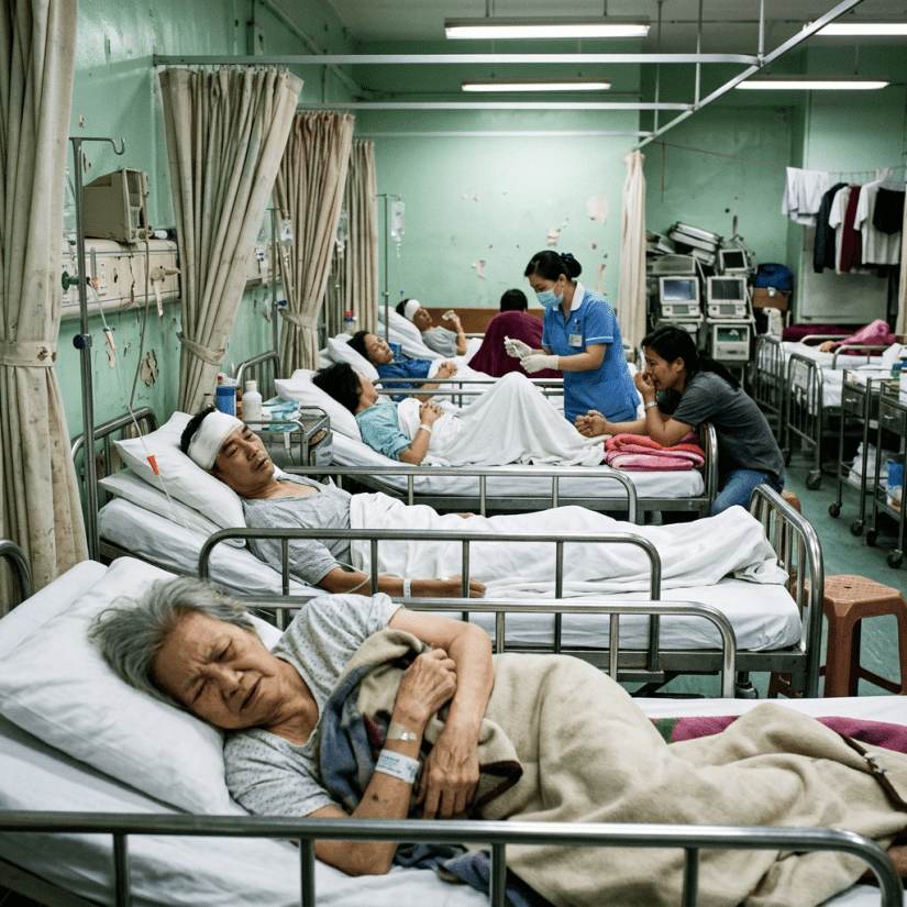 Multiple patients lying in hospital beds in a crowded ward with a nurse attending one patient and a visitor sitting beside another