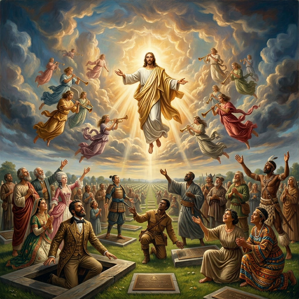 Ascension of Christ with Angels Jesus ascending into the clouds with angels blowing trumpets and people below looking upward in awe