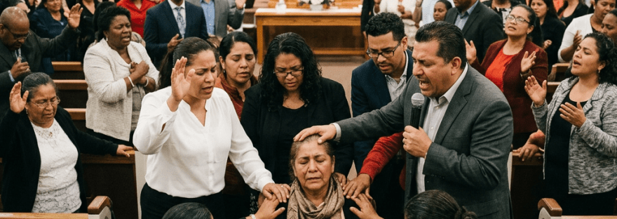 Orando por enfermos en iglesia pentecostal