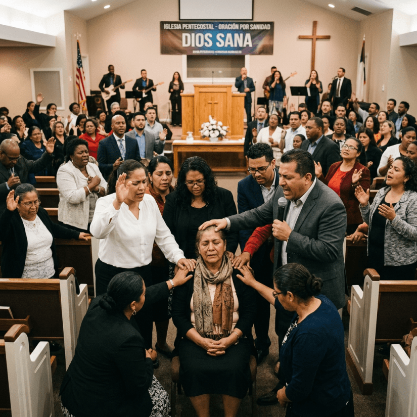 Orando por enfermos en iglesia pentecostal