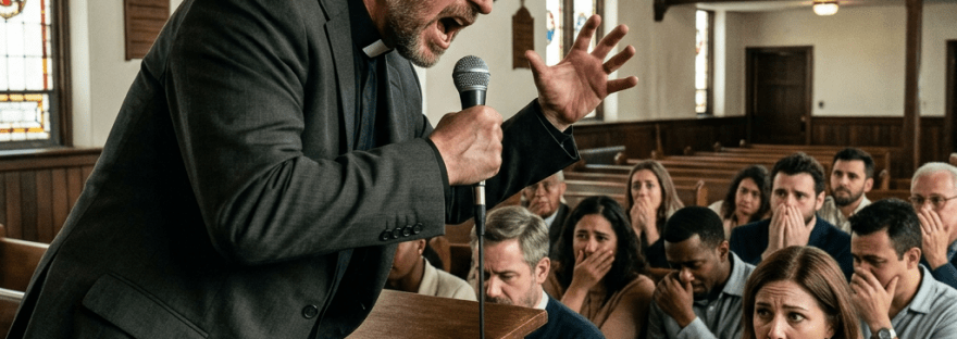 Preacher shouting into microphone with emotional congregation covering their mouths