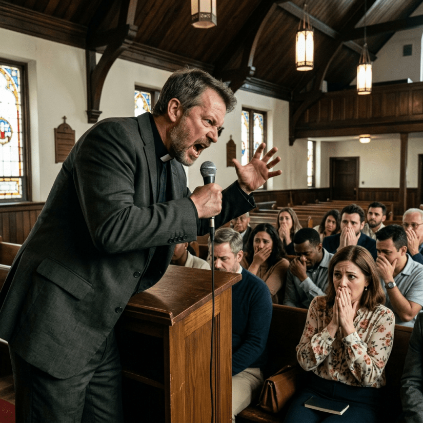 Preacher shouting into microphone with emotional congregation covering their mouths