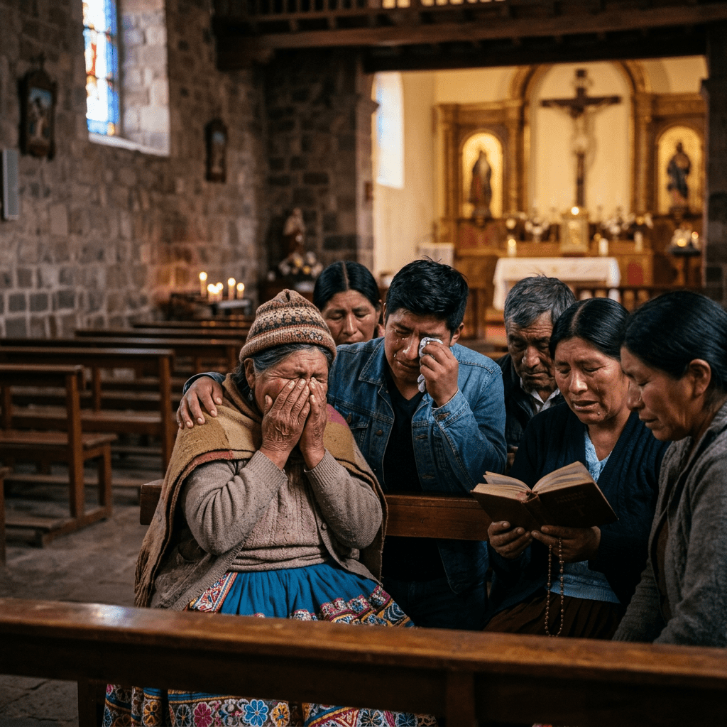 Group of people in church pew grieving and praying together
